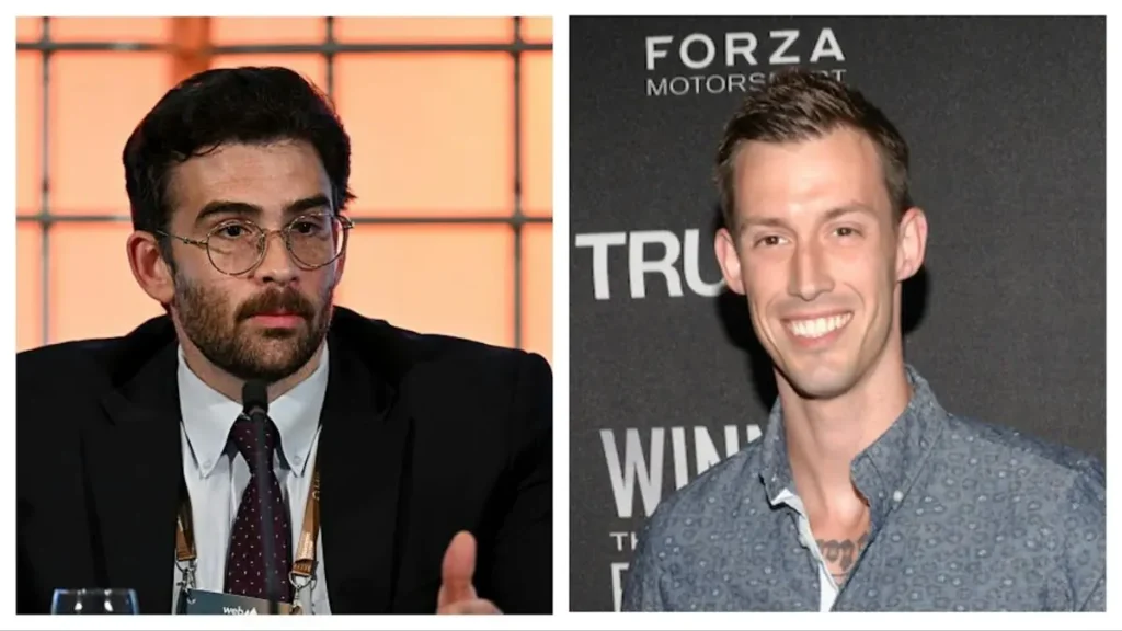 The image shows two individuals, one in a formal suit and tie, and the other in a casual shirt, possibly at different events or settings.