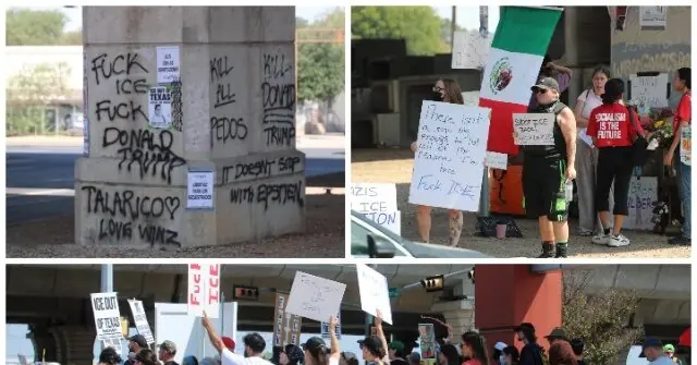 The image shows a protest with various signs and graffiti expressing opposition to ICE and Donald Trump, as well as support for socialism and other political messages.