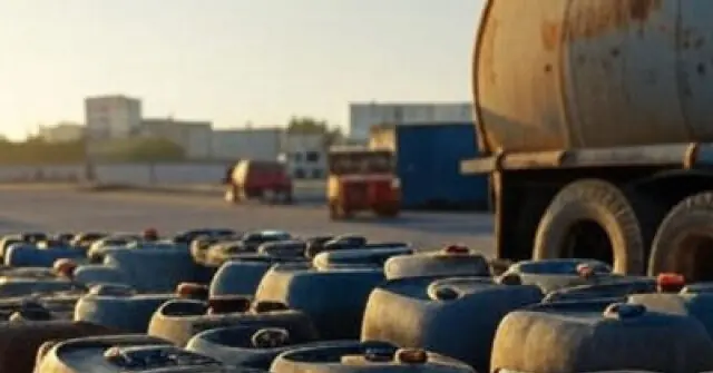 The image shows a large number of blue barrels and a tanker truck in what appears to be a storage or distribution area.