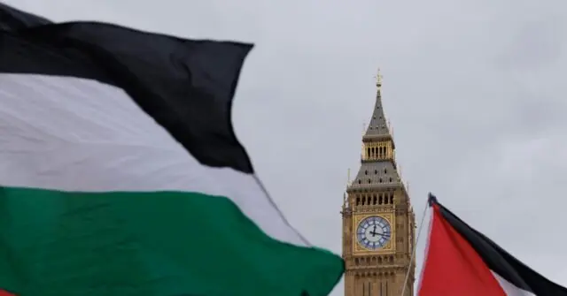The photo shows the Palestinian flag waving in front of the iconic Big Ben clock tower in London.