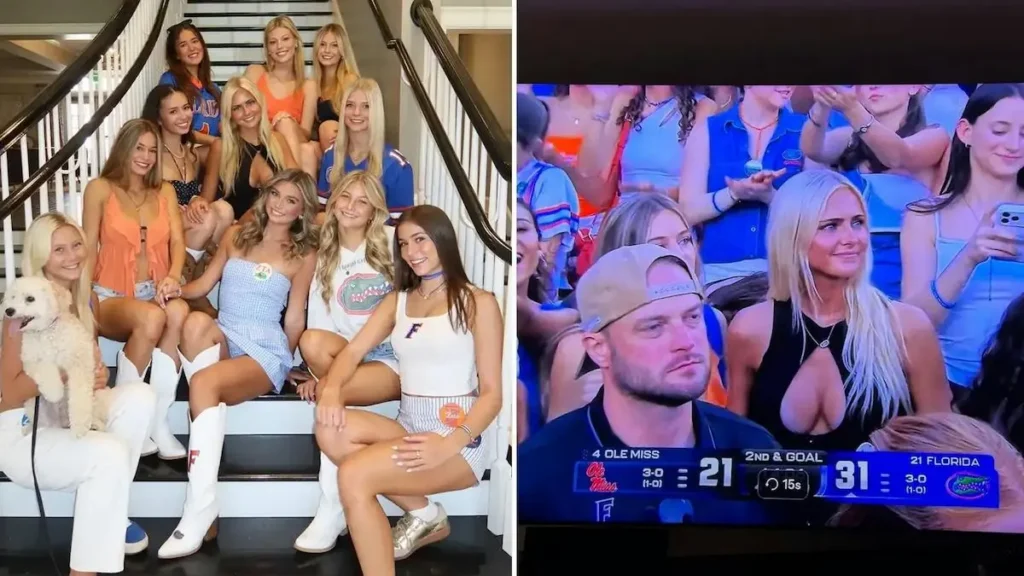 The photo shows a group of women posing together on a staircase, with one holding a dog, and a separate image of a man and a woman in a stadium watching a football game.