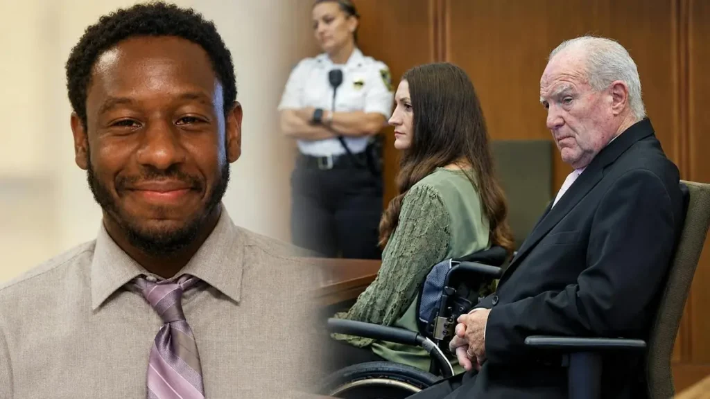 The image shows a courtroom scene with a man in the foreground smiling, a woman in a wheelchair, and a police officer in the background.