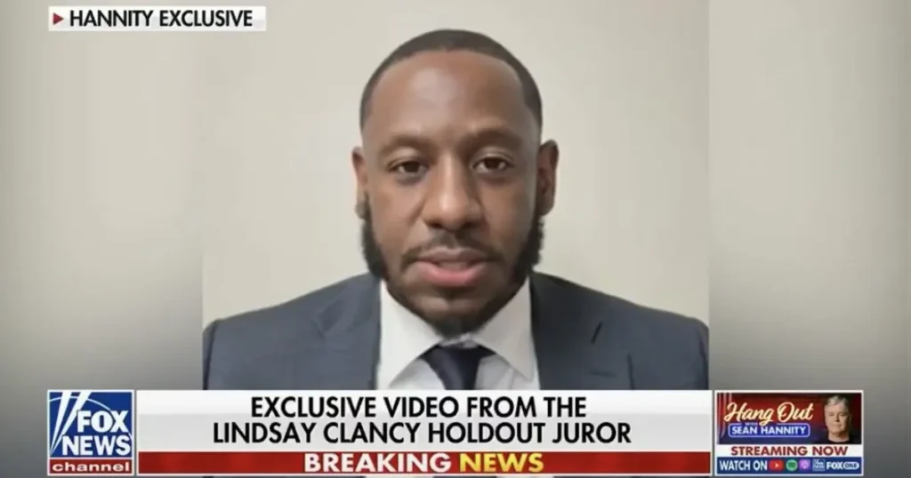 The image shows a news broadcast from Fox News, featuring an exclusive video from a holdout juror in the Lindsay Clancy case.