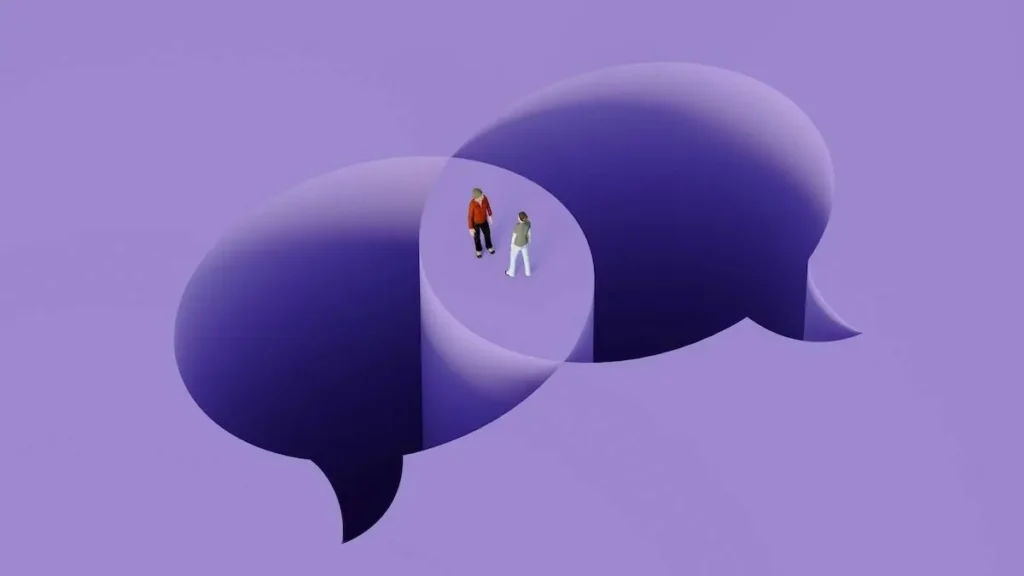 The image depicts two people standing inside overlapping speech bubbles, symbolizing communication or dialogue.