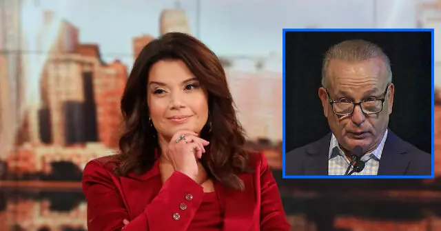 The image shows a news anchor in a studio setting with a cityscape background, alongside a smaller inset of a man speaking into a microphone.