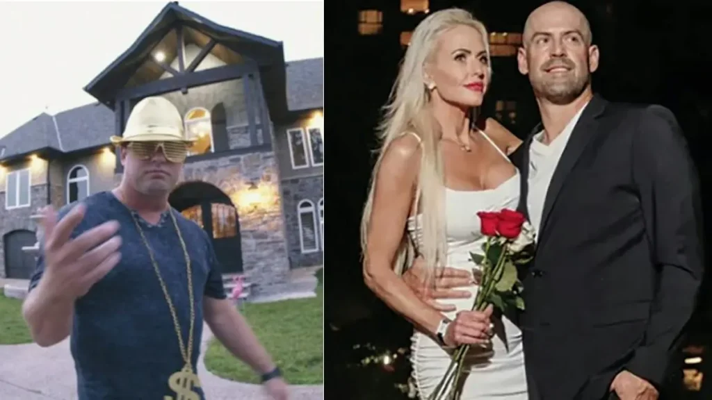 The image shows a man in casual attire standing in front of a large house, and another image of a couple dressed formally, with the man holding a bouquet of red roses.