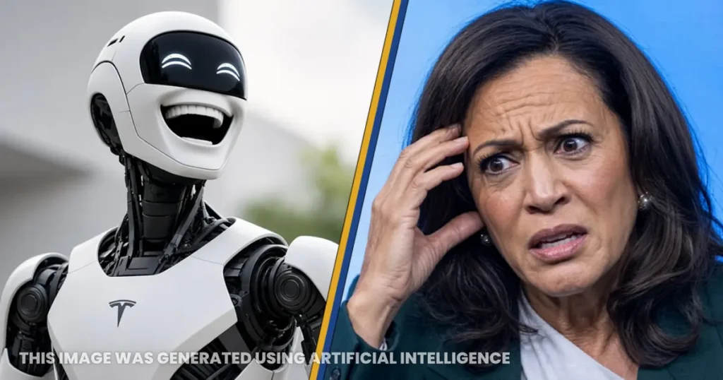 The image shows a side-by-side comparison of a smiling humanoid robot and a person, with a caption indicating the image was generated using artificial intelligence.