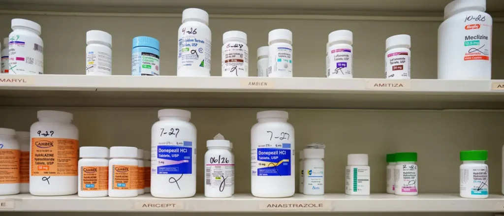 The image shows a pharmacy shelf stocked with various prescription medication bottles, including brands like Donepezil HCl, Leflunomide, and Meclizine.