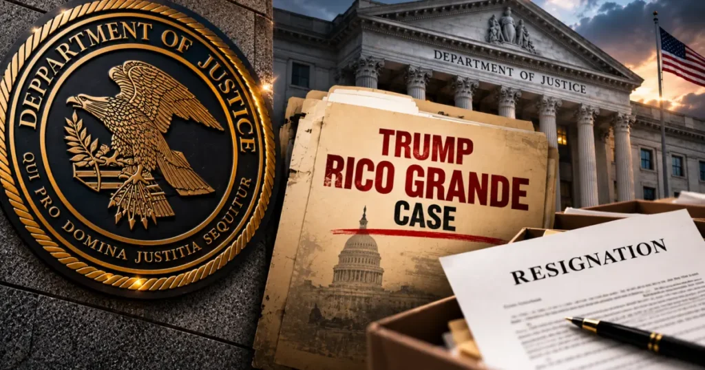 The image depicts the Department of Justice seal alongside a box labeled "TRUMP RICO GRANDE CASE" and a resignation document, symbolizing a political or legal situation involving the Trump administration.