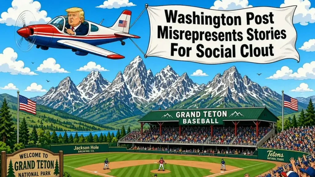 The image depicts a cartoon-style scene with a person flying a plane over a baseball stadium, holding a banner that reads "Washington Post Misrepresents Stories For Social Clout," set against a backdrop of the Grand Teton National Park.