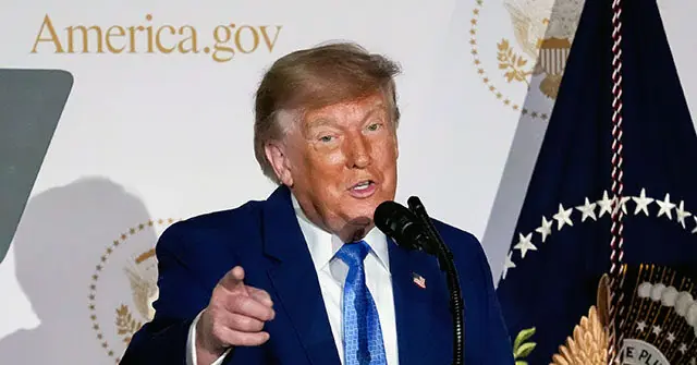The image shows a person in a blue suit and tie speaking at a podium with a microphone, with the U.S. presidential seal and "America.gov" in the background.