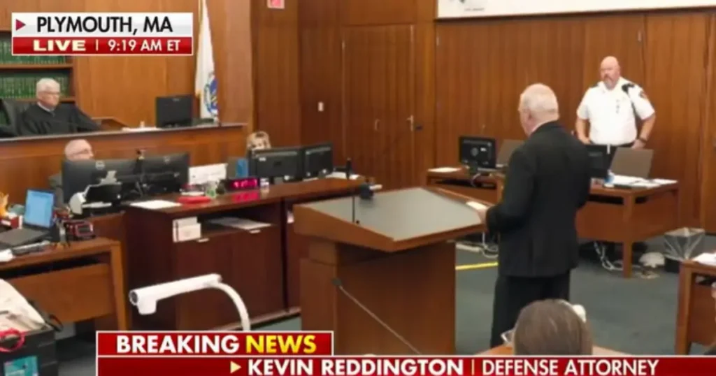 The image shows a courtroom scene in Plymouth, MA, with a defense attorney, Kevin Reddington, presenting a case, as indicated by the on-screen text.