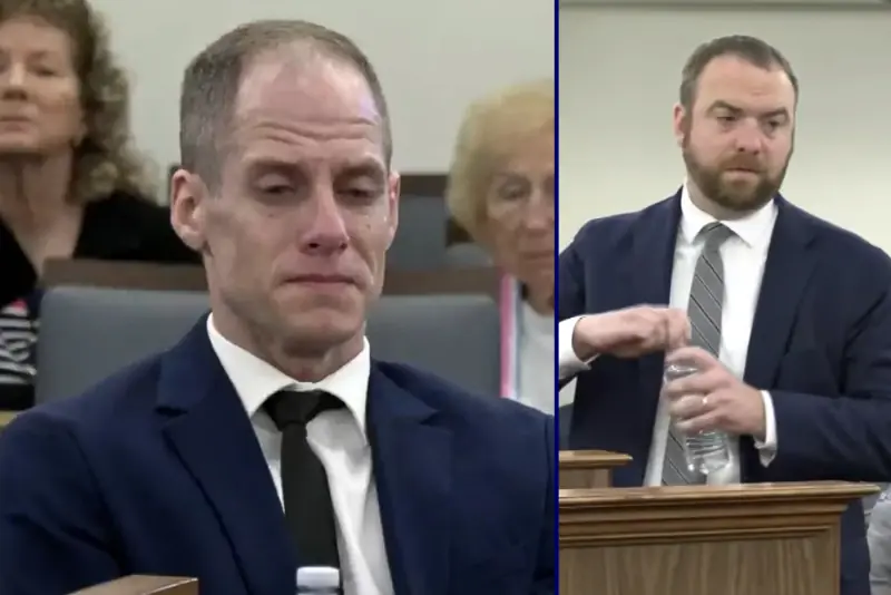 The image shows two individuals in a courtroom setting, one seated and the other standing and holding a water bottle.