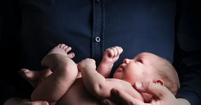 A close-up of a newborn baby being held gently by an adult, highlighting the tender moment of care and connection.