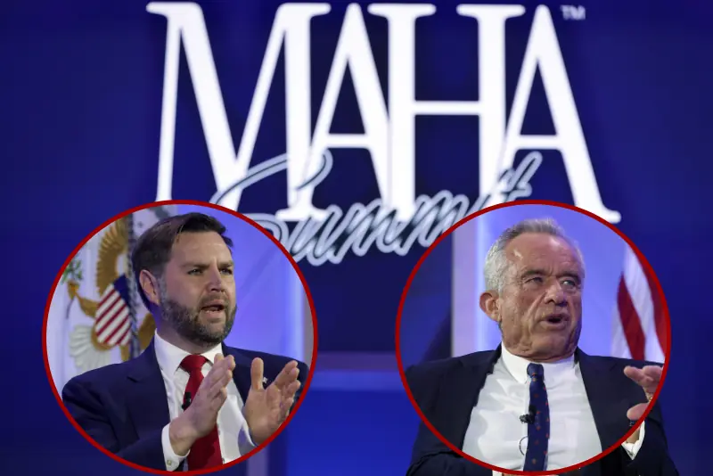 The image shows two individuals speaking at the MAHA Summit, with one person gesturing with their hands while the other appears to be listening attentively.