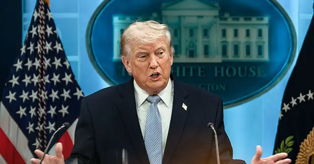 The image shows a person speaking at a podium in front of the White House seal and an American flag.