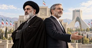Two individuals stand back-to-back in front of the Azadi Tower in Tehran, with Iranian flags and a mountainous backdrop.