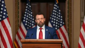 A man in a suit stands at a podium with American flags in the background, suggesting a formal or political setting.