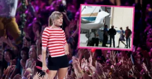The image shows a performer on stage with a crowd of fans, and an inset photo of a small aircraft with people around it.
