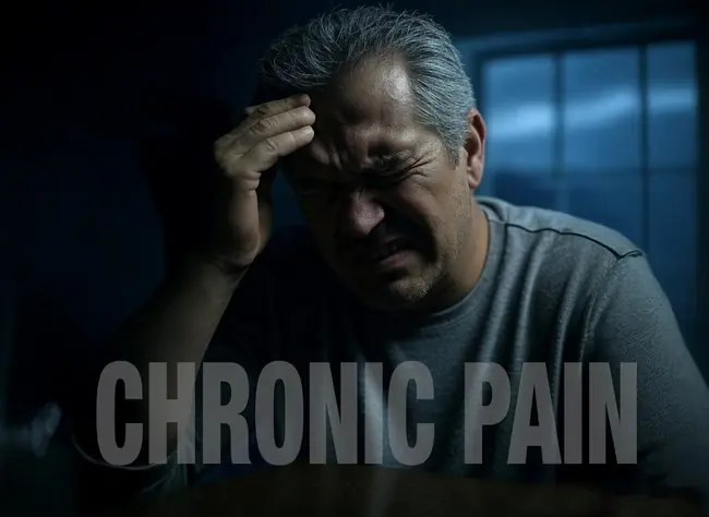 The image depicts a person in distress, with the text "CHRONIC PAIN" overlaid, suggesting the theme of chronic pain.