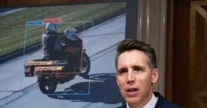 The news photo features a man speaking in front of a screen displaying a motorcycle and its license plate, with bounding boxes and detection scores overlaid.