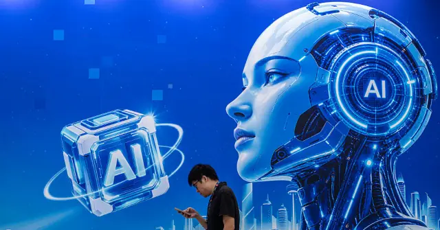 The image depicts a futuristic scene with an AI robot and a person using a smartphone, symbolizing the integration of artificial intelligence in everyday life.