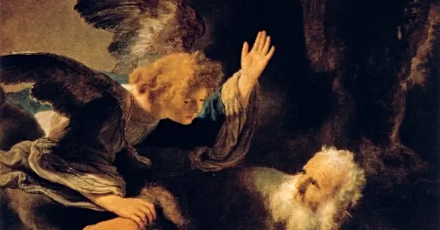 The image depicts a person with a dog, seemingly in a moment of reflection or prayer, with a dark, textured background.