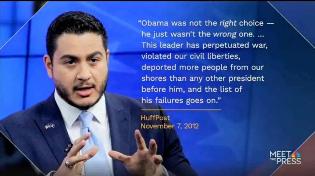 The image shows a person speaking on a news program, with a quote from HuffPost criticizing President Obama's policies and actions.