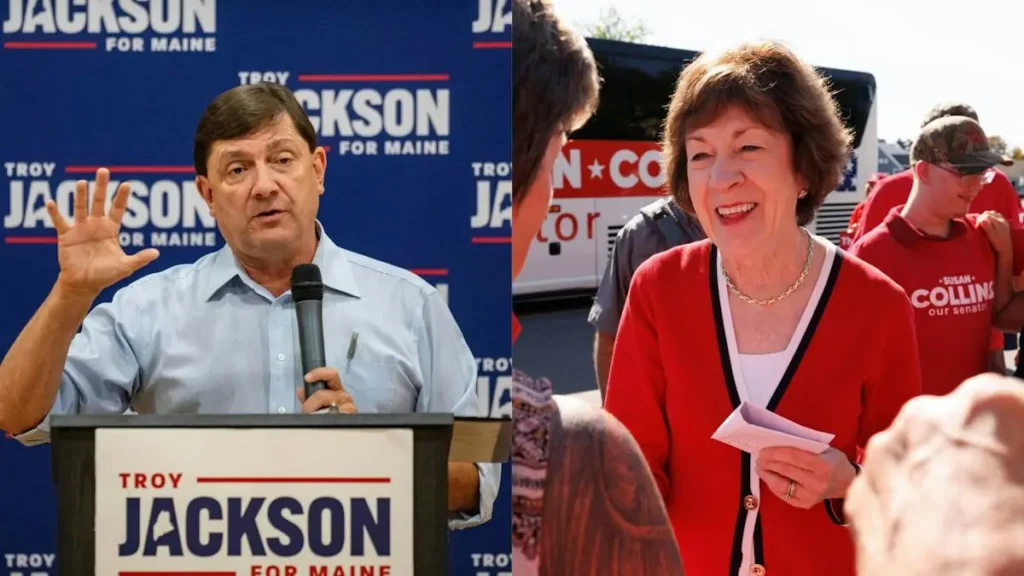 The image shows two political figures, one speaking at a podium with "Troy Jackson for Maine" signage and the other interacting with supporters, both in campaign settings.