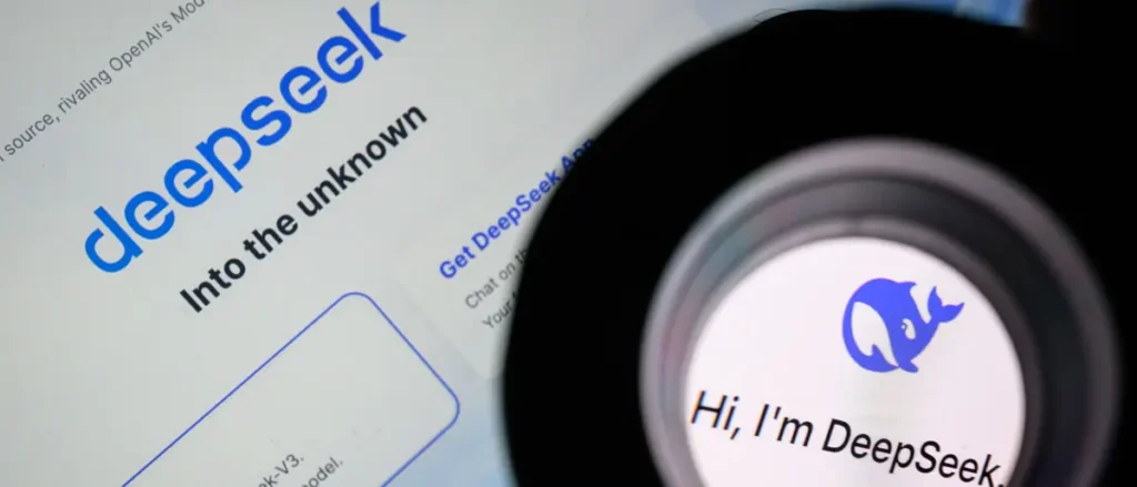 The image shows a close-up of a DeepSeek app interface with the text "Hi, I'm DeepSeek" and a logo featuring two dolphins, alongside a magnifying glass highlighting the app's branding.