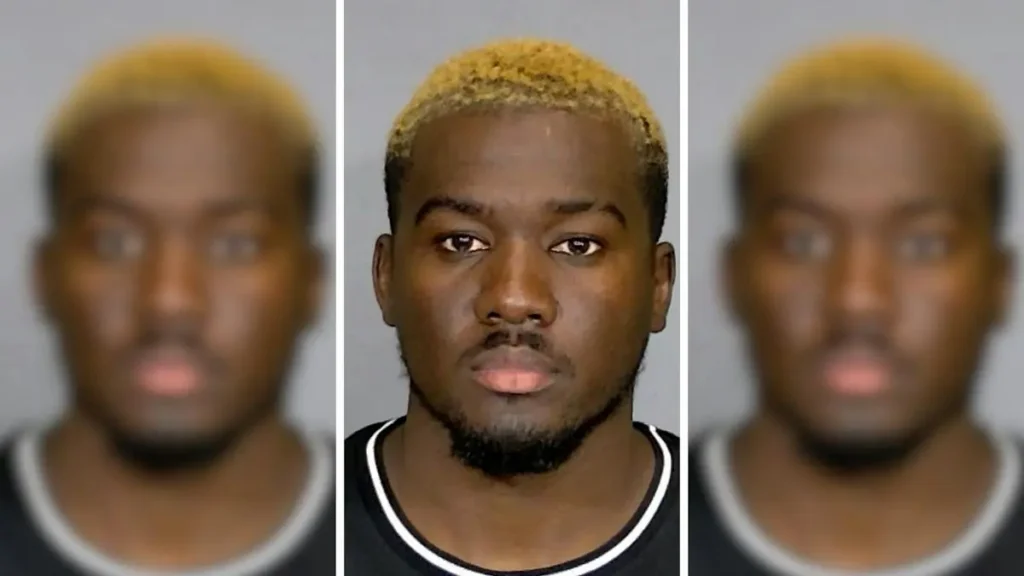 The image appears to be a mugshot of a person with a distinctive hairstyle and facial features.