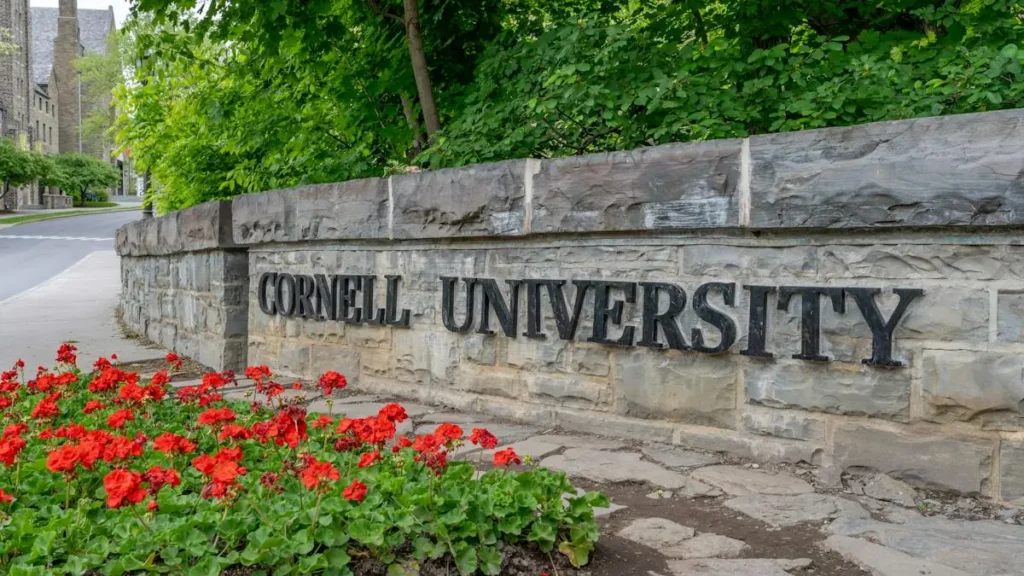 The image shows a stone sign reading "Cornell University" with vibrant red flowers in the foreground and lush greenery in the background.