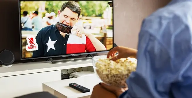 A person is watching a news broadcast on a TV while eating popcorn.