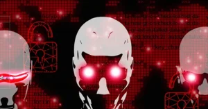 The image depicts a stylized illustration of a figure with glowing red eyes, set against a background of digital code and a red padlock, symbolizing cybersecurity or hacking themes.
