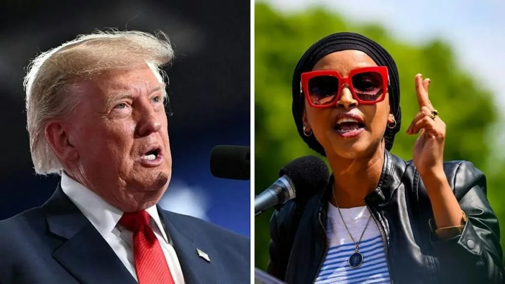 The image juxtaposes two prominent figures, one in a suit and tie and the other in a casual outfit with a headscarf and sunglasses, both speaking into microphones.