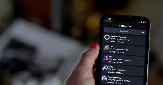 The image shows a hand holding a smartphone displaying a list of AI assistant categories, including "Character Assistant," "Lily," "Lyle," "Stella," and "Pair Programmer."