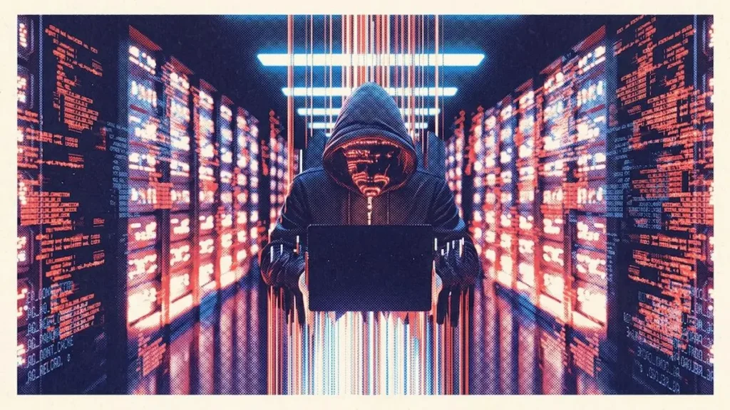 The image depicts a hooded figure in a digital environment, holding a laptop, surrounded by code and data, symbolizing cybercrime or hacking.