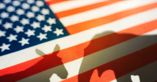 The image shows a close-up of an American flag with a shadow of a person's silhouette cast upon it.