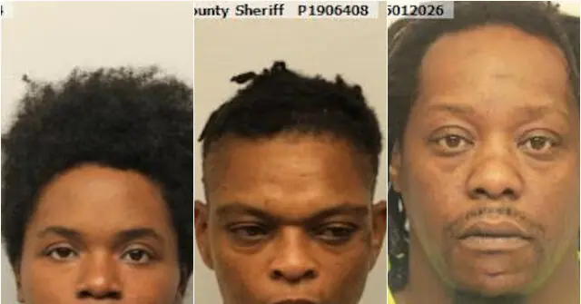 The image shows three mugshots of individuals, likely taken by a law enforcement agency.