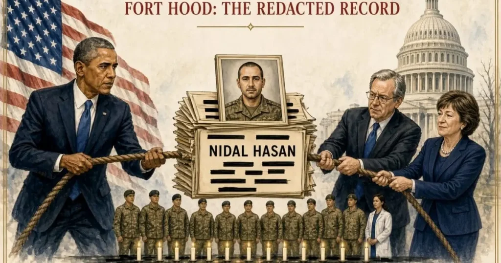 The image depicts a symbolic tug-of-war representing the political debate surrounding the Fort Hood shooting, with figures pulling in opposite directions.