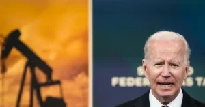The image shows a person speaking in front of a backdrop featuring an oil rig and the text "FEDERAL TAXES."