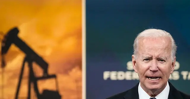 The image shows a person speaking in front of a backdrop featuring an oil rig and the text "FEDERAL TAXES."