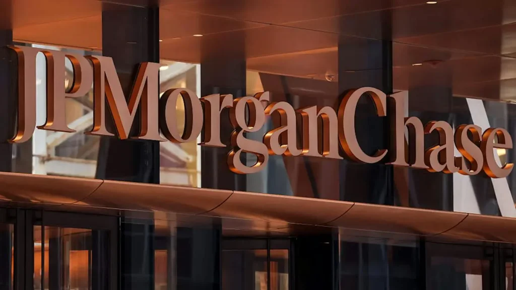 The image shows the JPMorgan Chase logo prominently displayed on the facade of a modern building.