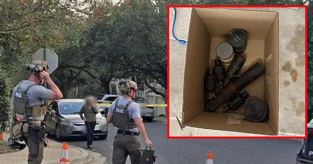 The image shows law enforcement at a crime scene with a box containing various explosive devices, indicating a potential threat or investigation.