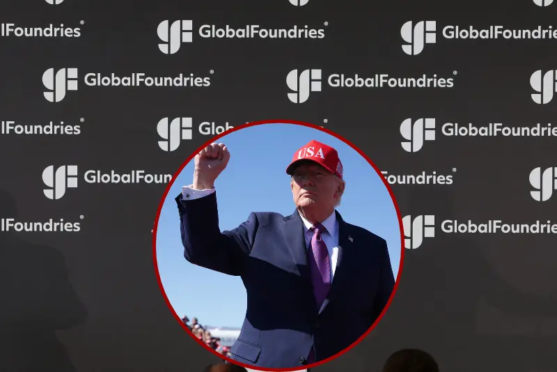 The image shows a person wearing a "USA" hat and a suit, raising their fist in a gesture, with a backdrop featuring the "GlobalFoundries" logo.