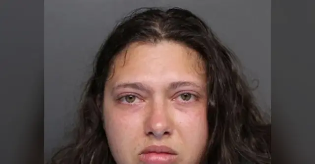 The image appears to be a mugshot of a person with long, dark hair.