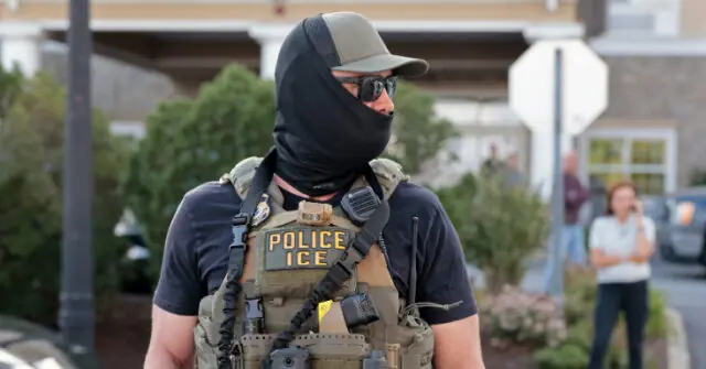 A law enforcement officer wearing tactical gear and a "POLICE ICE" patch is seen in a public setting.