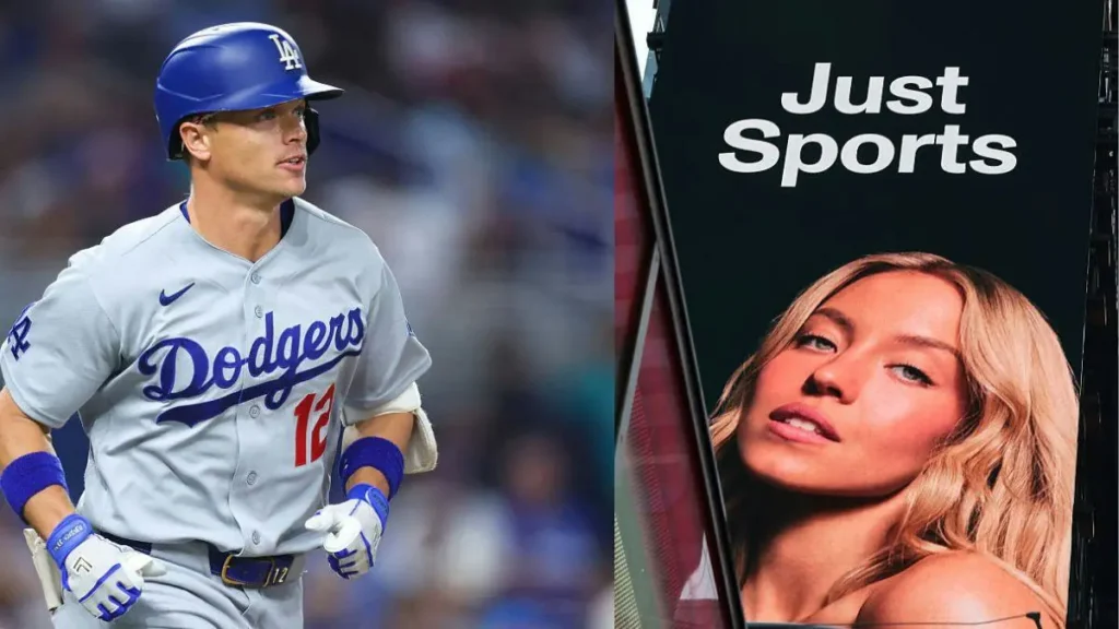 The image juxtaposes a baseball player in a Dodgers uniform with a "Just Sports" banner featuring a woman.