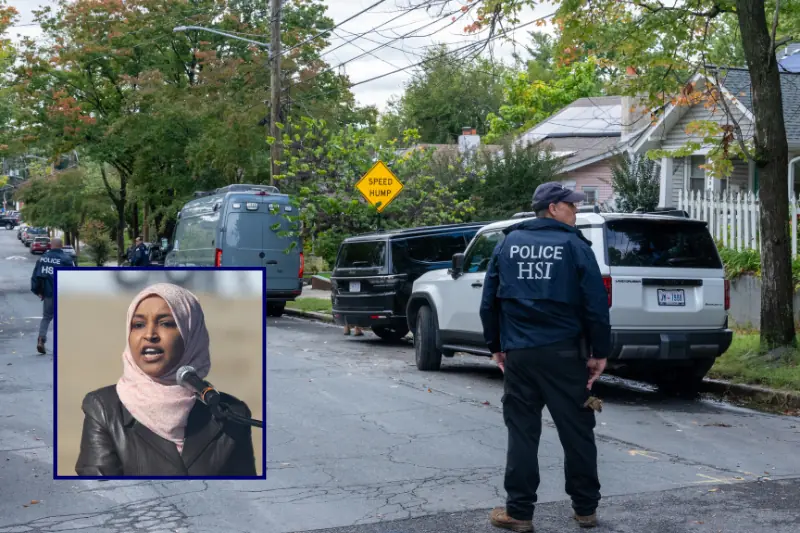 A law enforcement officer stands on a residential street as vehicles are parked nearby, with a smaller inset image of a person speaking into a microphone.