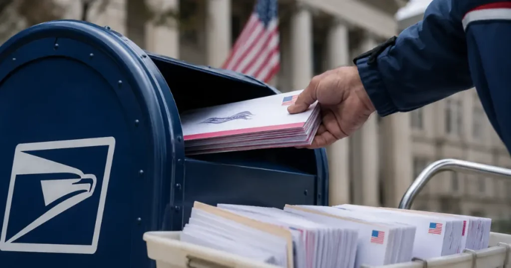A U.S. Postal Service worker is seen placing mail into a mailbox, with an American flag visible in the background.
